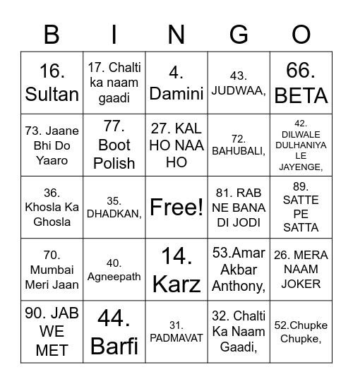 Bollywood Bingo Card