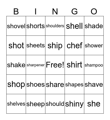 Articulation Bingo - Sh - Initial Bingo Card