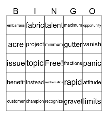 Vocab Lists - 20 a,b,c,d Bingo Card