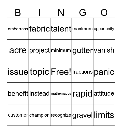 Vocab Lists - 20 a,b,c,d Bingo Card