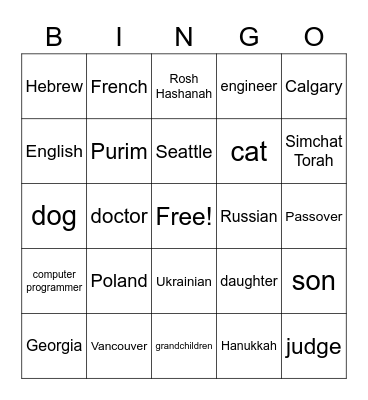 Yiddish class Bingo Card