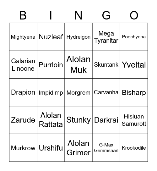 Birb Round 1 (Dark Types) Bingo Card