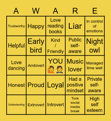 Self- Awareness (Group 4) Bingo Card