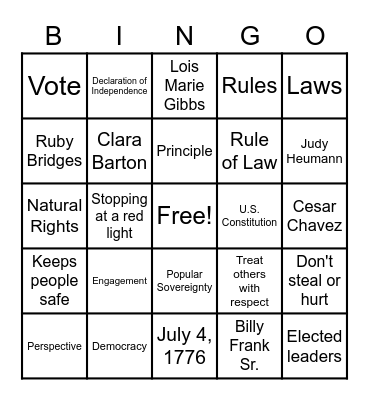 Civic Virtues Bingo Card