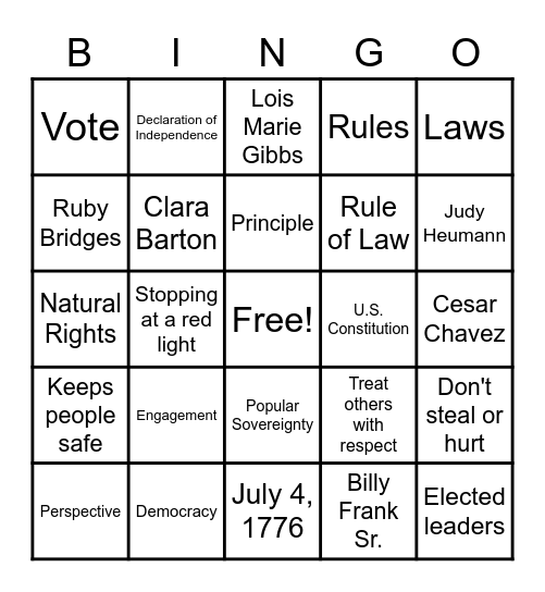 Civic Virtues Bingo Card