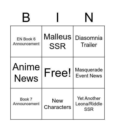 Twst stream bingo Card