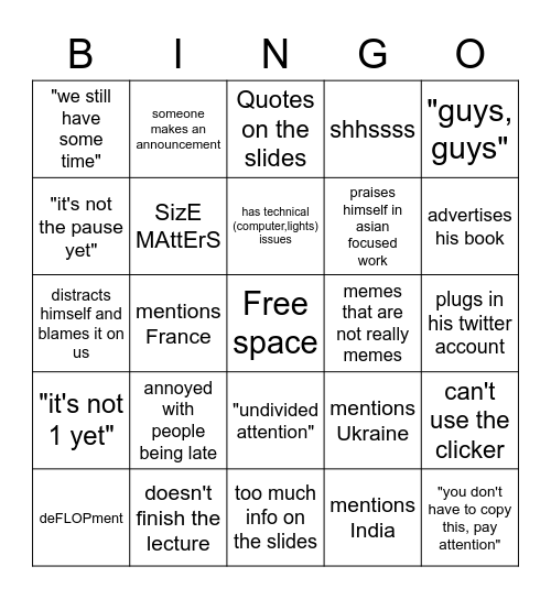 Blarel Lecture Bingo Card