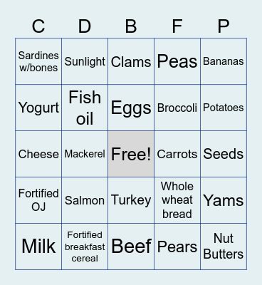Nutrient Sources Bingo Card