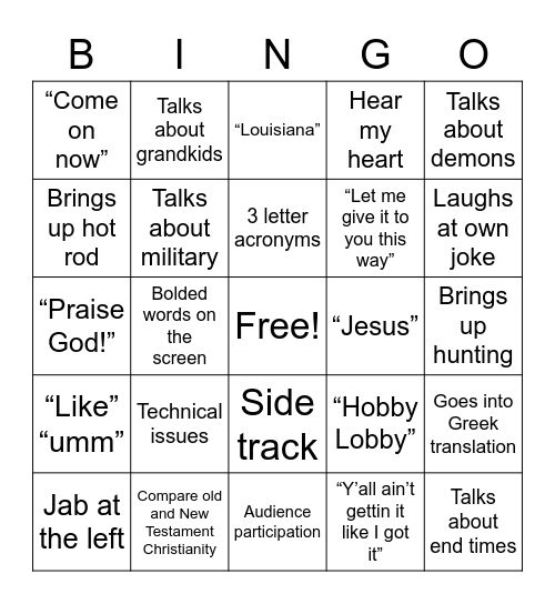 Pastor Charlie Bingo Card