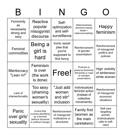 Post/popular/neoliberal feminism & popular misogyny in everyday discourse Bingo Card