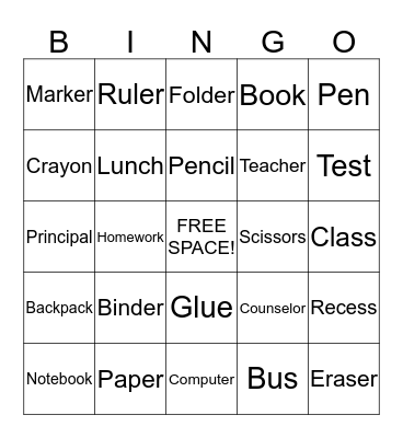 School Bingo Card