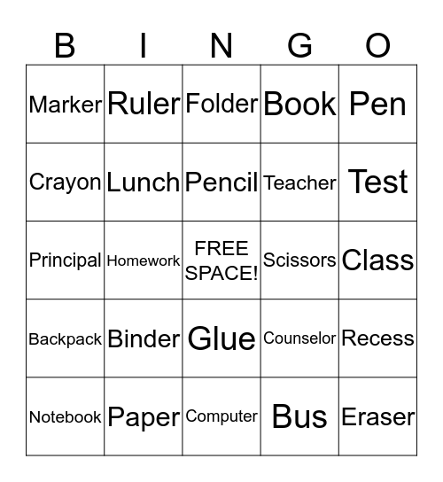 School Bingo Card