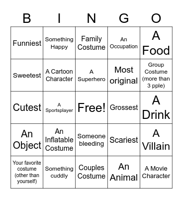 Halloween Costume Bingo Card