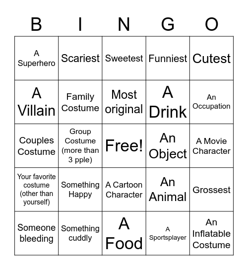 Halloween Costume Bingo Card