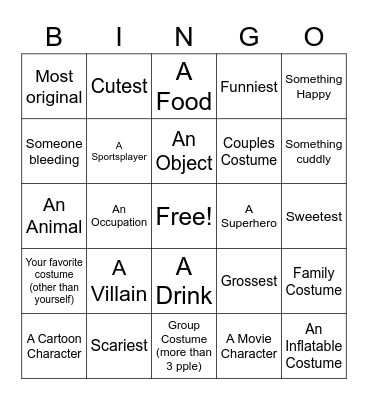 Halloween Costume Bingo Card