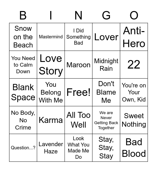 Taylor Swift Bingo Card