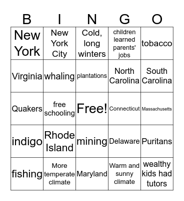 Colonies Bingo Card