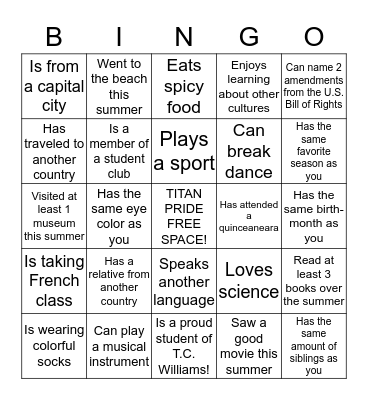 TCW Class of 2019:  Mix It Up at Lunch Day  Bingo Card