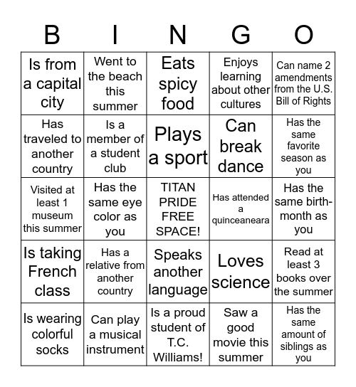 TCW Class of 2019:  Mix It Up at Lunch Day  Bingo Card