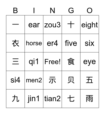 Chinese Radical and Numbers Bingo Card