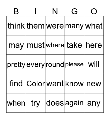 sight words Bingo Card