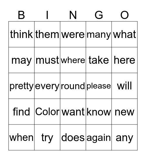 sight words Bingo Card