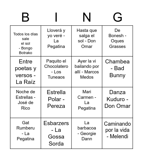 Bingo Musical Bingo Card