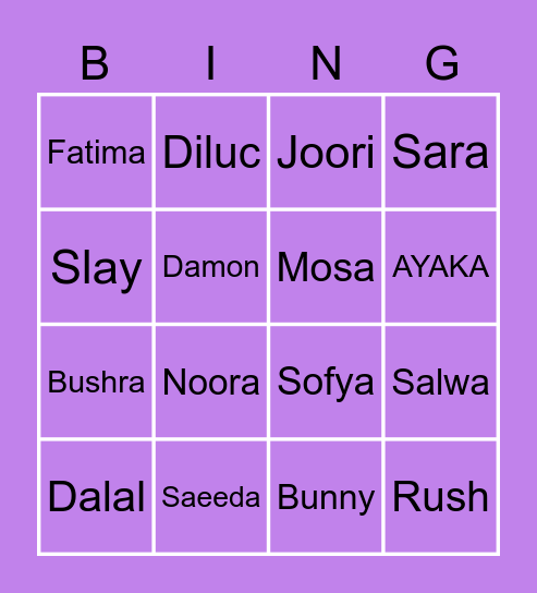 Nayla & Noora's Birthday Party Bingo Card