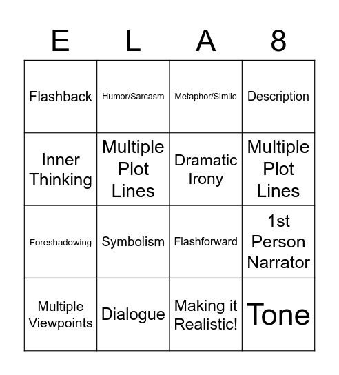 Authorial Technique Bingo Card