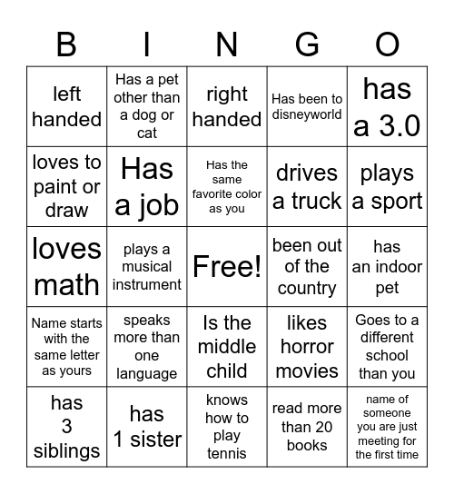 Human Scavenger Hunt Bingo Card