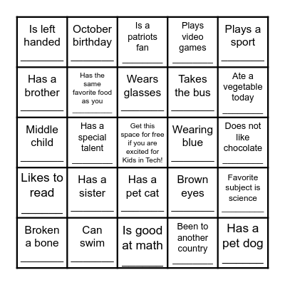 Get to know your classmates BINGO!! Bingo Card