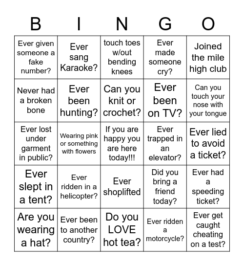 Ladies Bingo Card