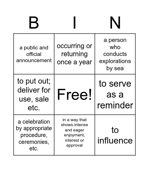 Vocabulary Bingo Card