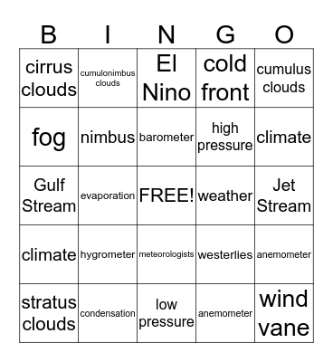 Weather Bingo Card