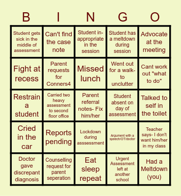 Life of School Counsellor Bingo Card