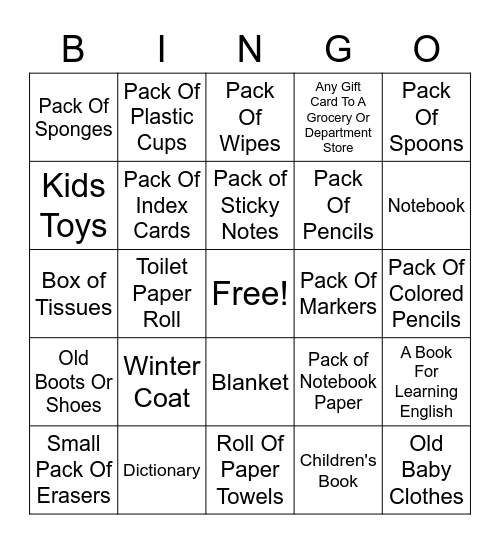 Donation Bingo Card Bingo Card