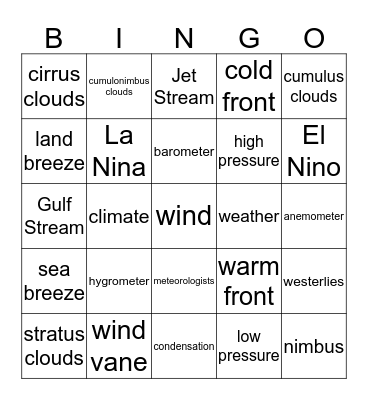 Weather Bingo Card