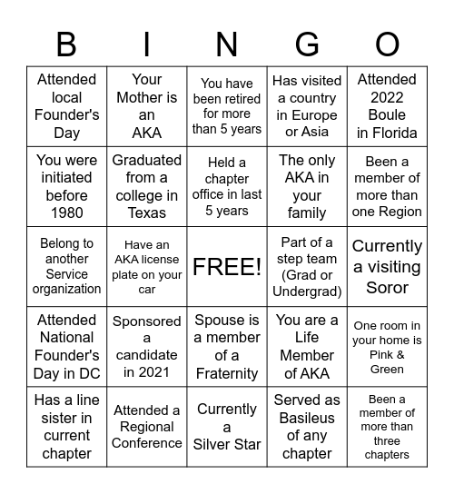 ALPHA KAPPA ALPHA SORORITY Bingo Card