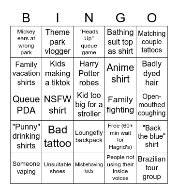 Universal Orlando Bingo Card