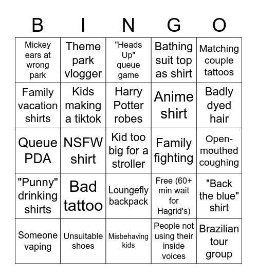 Universal Orlando Bingo Card