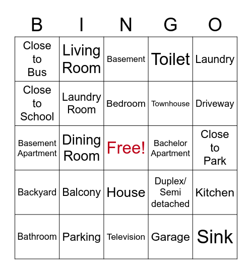 CLB 1-2 Housing Vocabulary Bingo Card