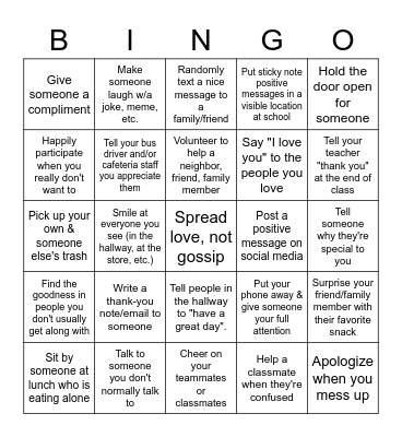Random Acts of Kindness Bingo Card