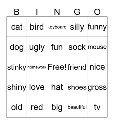 Nouns/Adjectives Mix Bingo Card