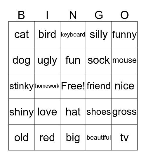 Nouns/Adjectives Mix Bingo Card
