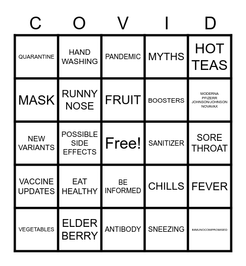 COVID Education2 Bingo Card