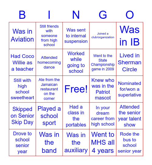 MHS Class of 2012 Reunion Bingo Card