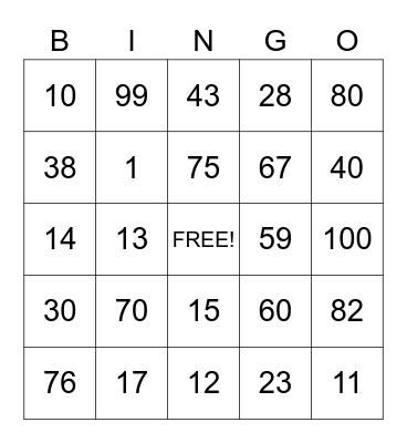 Numeros 0-100 Bingo Card
