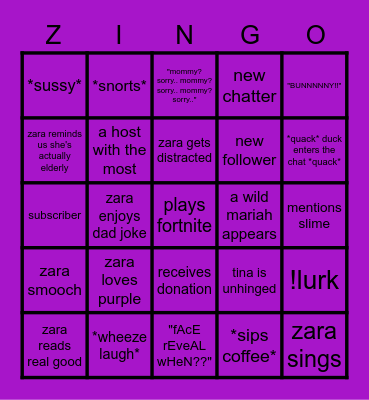 Zara-isms Bingo Card