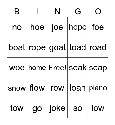long o sound Bingo Card