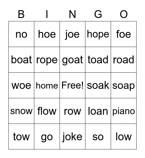 long o sound Bingo Card